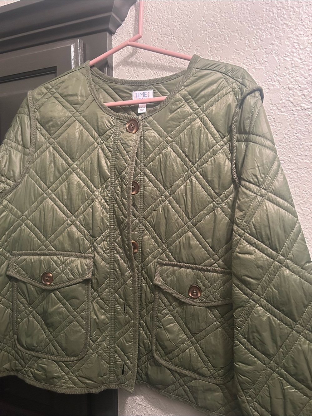 Time and Tru Olive Green Quilted Button-Front Puffer Jacket